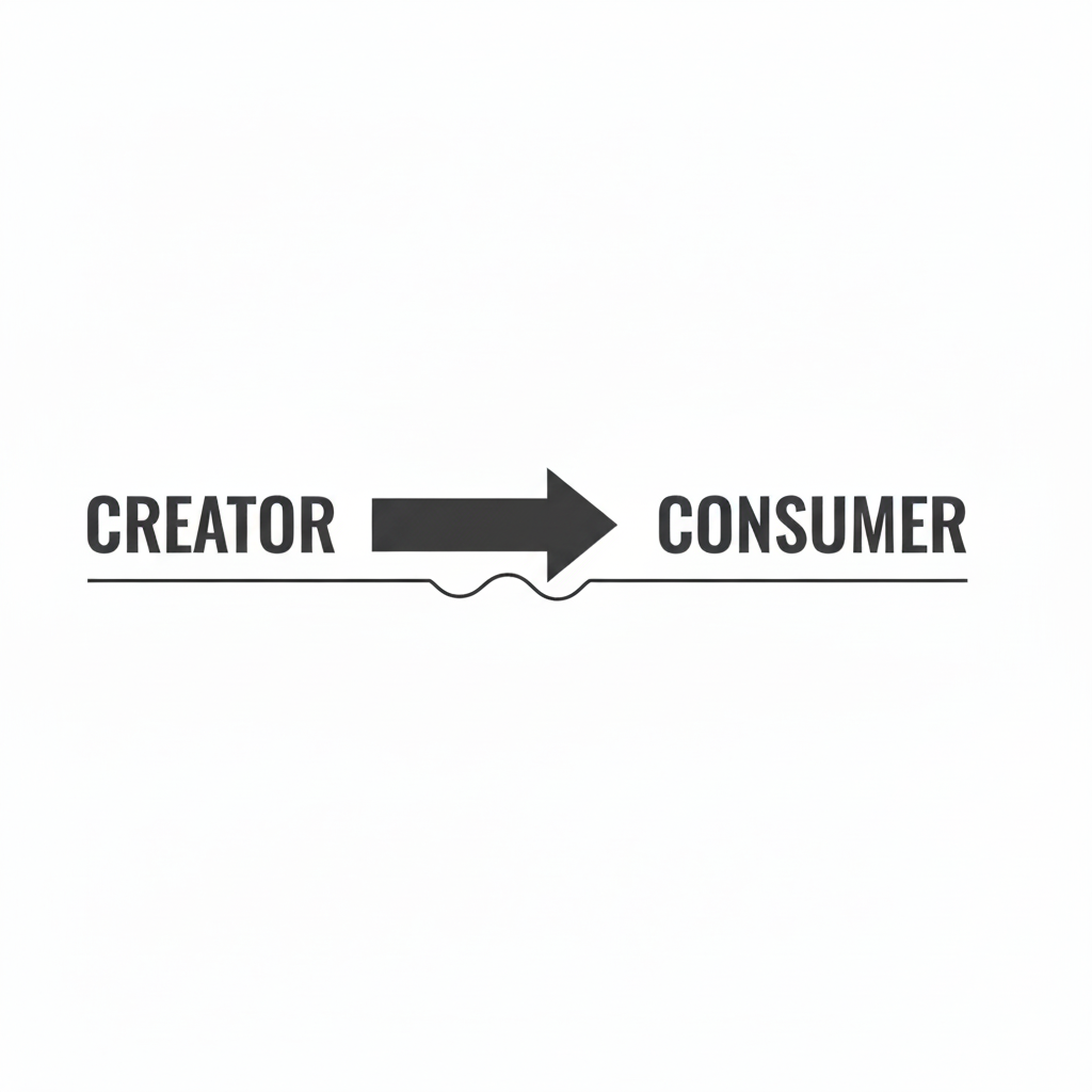 A bold horizontal arrow points from the word CREATOR on the left to the word CONSUMER on the right, both in large capital letters. The arrow sits above a thin horizontal line that connects the two words, with a small bracket underneath the arrow. The overall tone is direct and emphasizes a one-way flow of information from creator to consumer, highlighting a sense of separation and power imbalance.