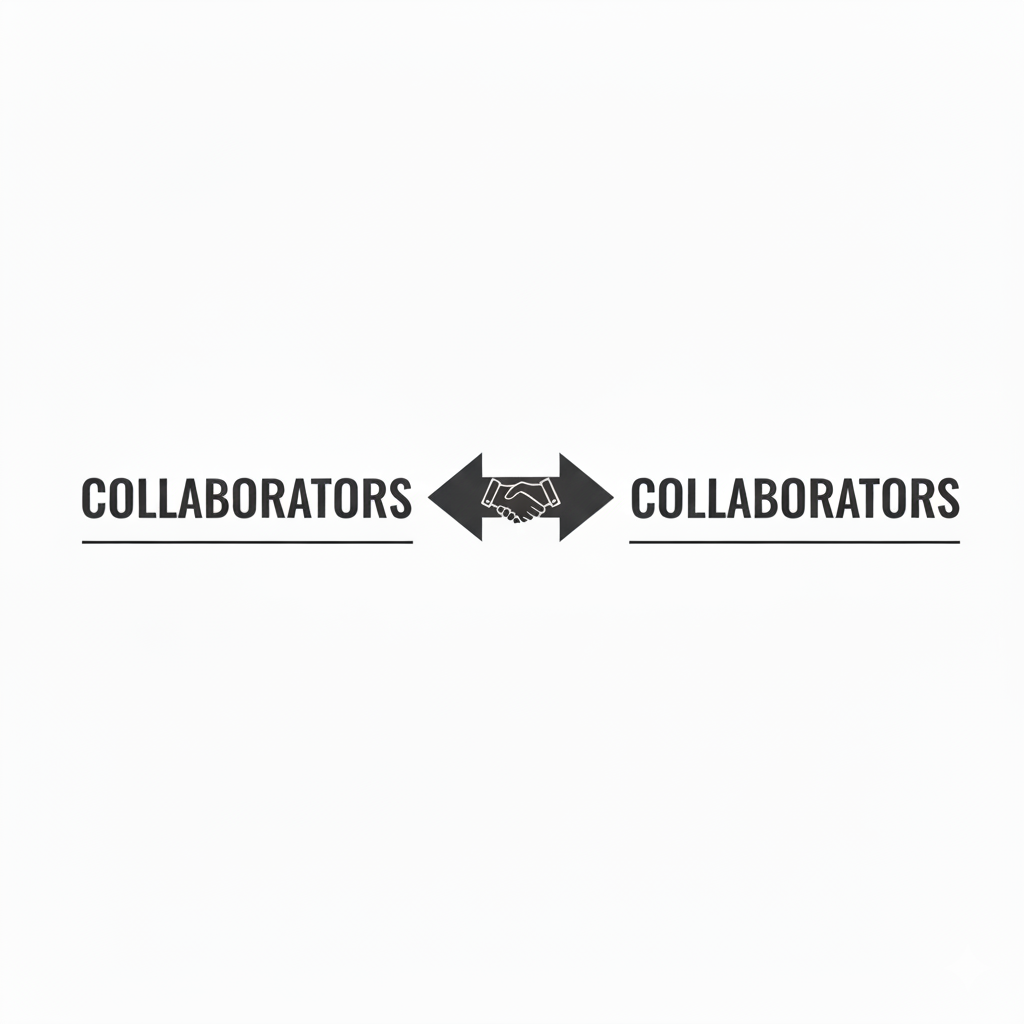 Two groups labeled COLLABORATORS face each other from opposite sides of the image, connected by a double-headed arrow with a handshake icon in the center. A horizontal line runs beneath each group, visually linking them. The design emphasizes mutual cooperation and equal partnership, with a tone that is inclusive and collaborative. The background is clean and minimal, focusing attention on the concept of shared effort. Text in the image: COLLABORATORS (on both sides).
