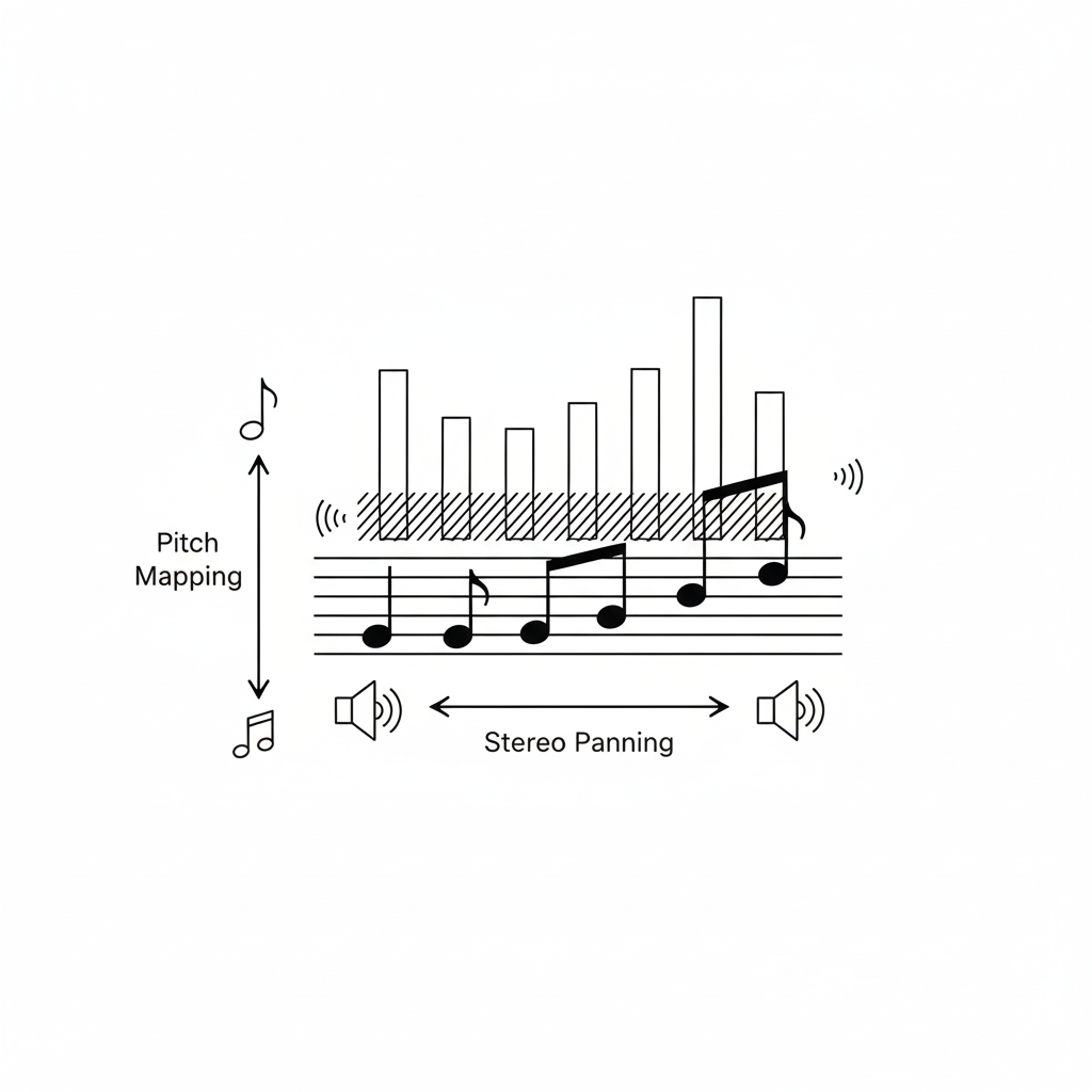 Diagram illustrating how data is mapped to sound for sonification. Musical notes are shown on a staff, with vertical bars above each note representing data values. Arrows indicate pitch mapping from data values to musical notes and stereo panning from left to right speakers. The diagram includes icons for sound and music, and the text Pitch Mapping and Stereo Panning. The overall tone is informative and technical, showing how data trends can be experienced through audio.